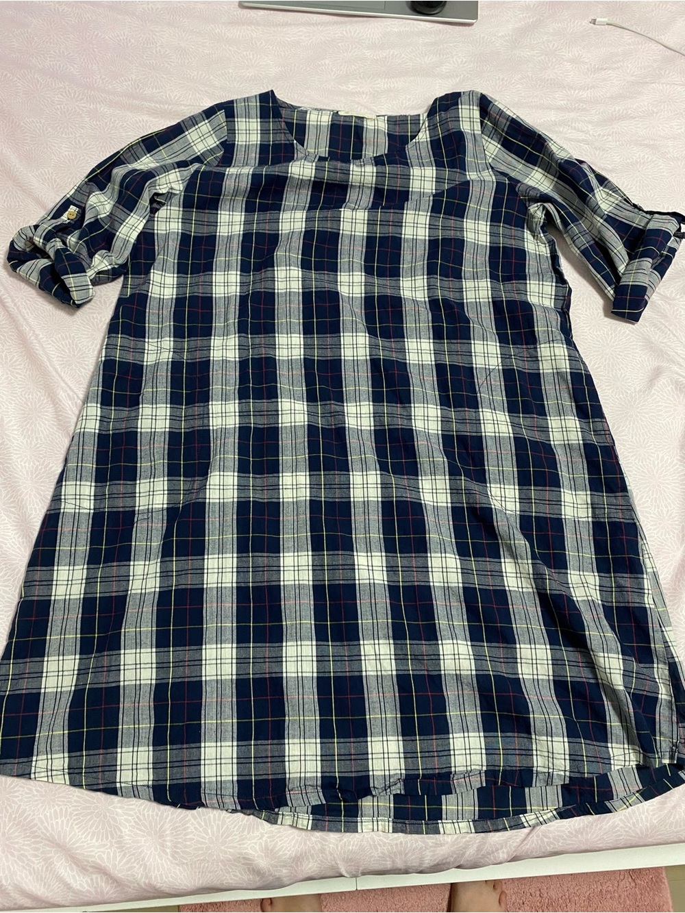 Navy and White Plaid Maxi Dress - Relaxed Roll-Sleeve Style